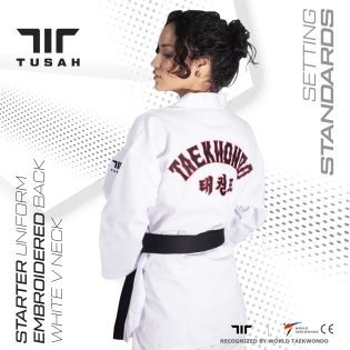 Dobok Starter cu rever ALB / spate brodat - World Taekwondo Approved