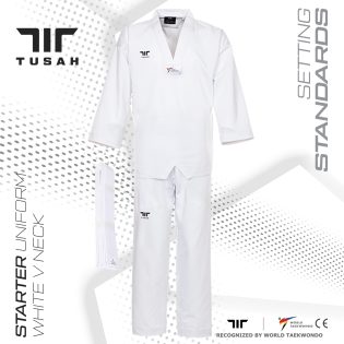 Dobok Starter cu rever ALB / spate simplu - World Taekwondo Approved